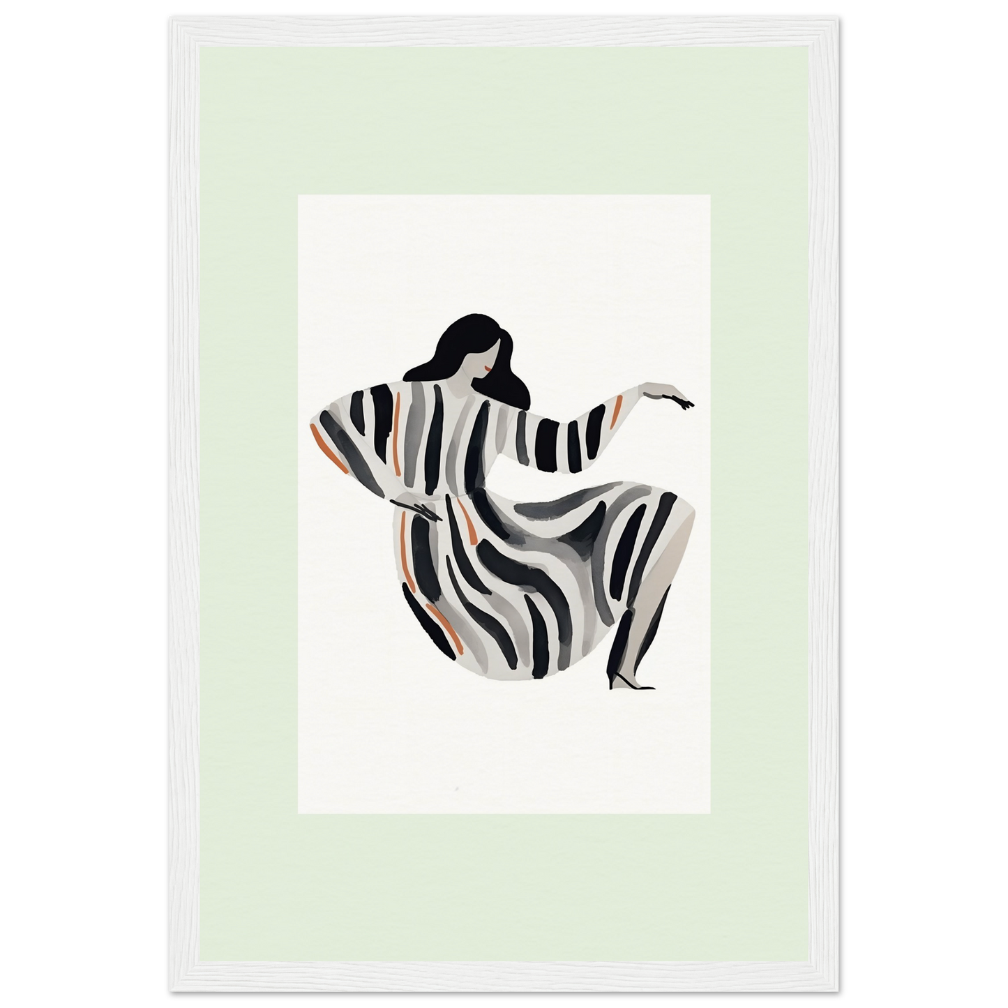 Stylized silhouette of a dancing figure in a flowing striped dress.