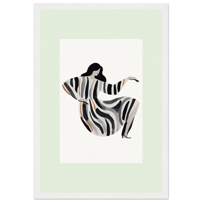 Stylized silhouette of a dancing figure in a flowing striped dress.