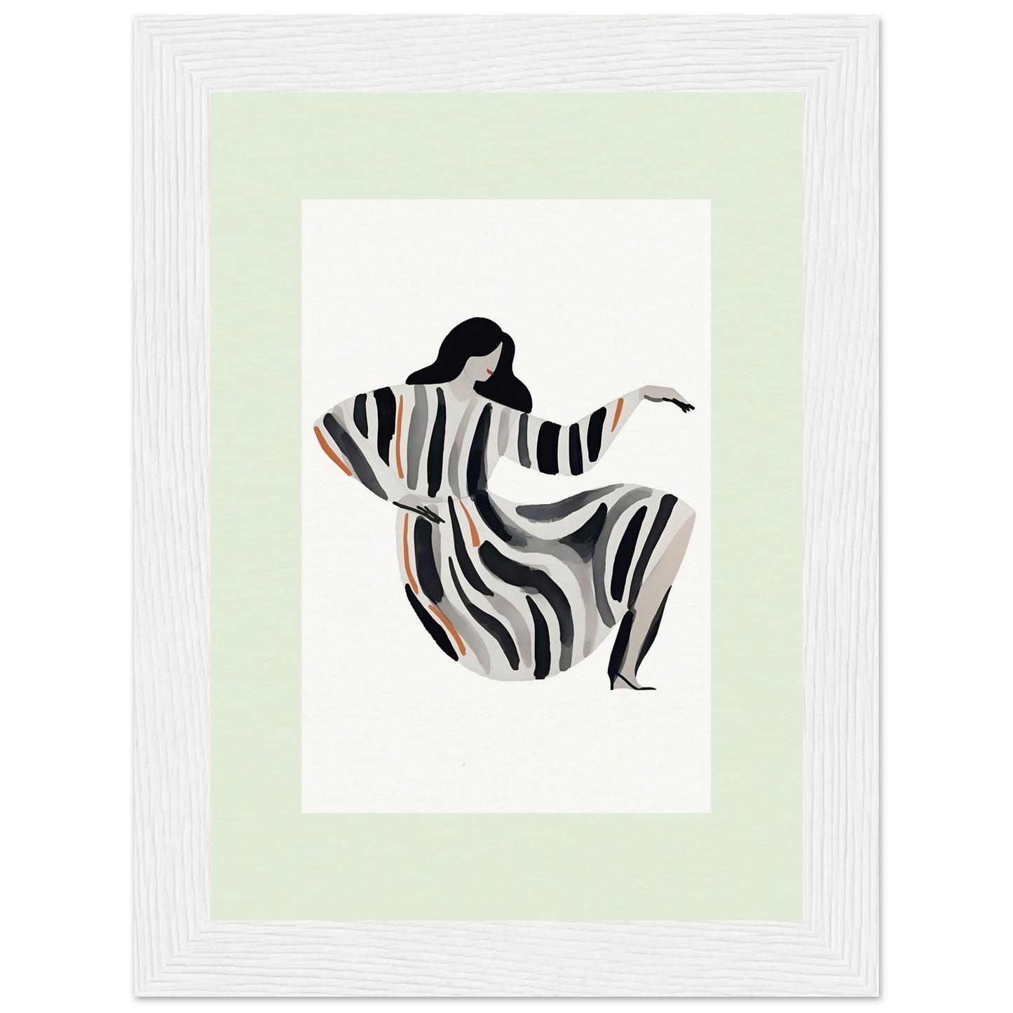 Stylized figure of a woman in a flowing striped dress with outstretched arms.