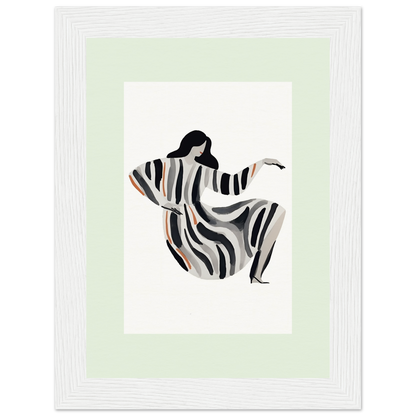 Stylized figure of a woman in a flowing striped dress with outstretched arms.