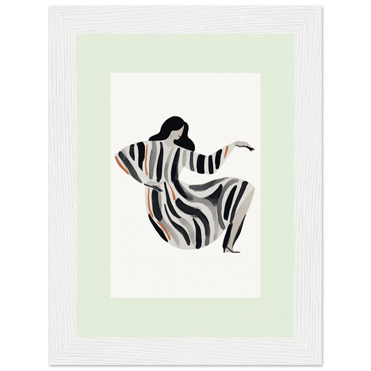 Stylized figure of a woman in a flowing striped dress with outstretched arms.