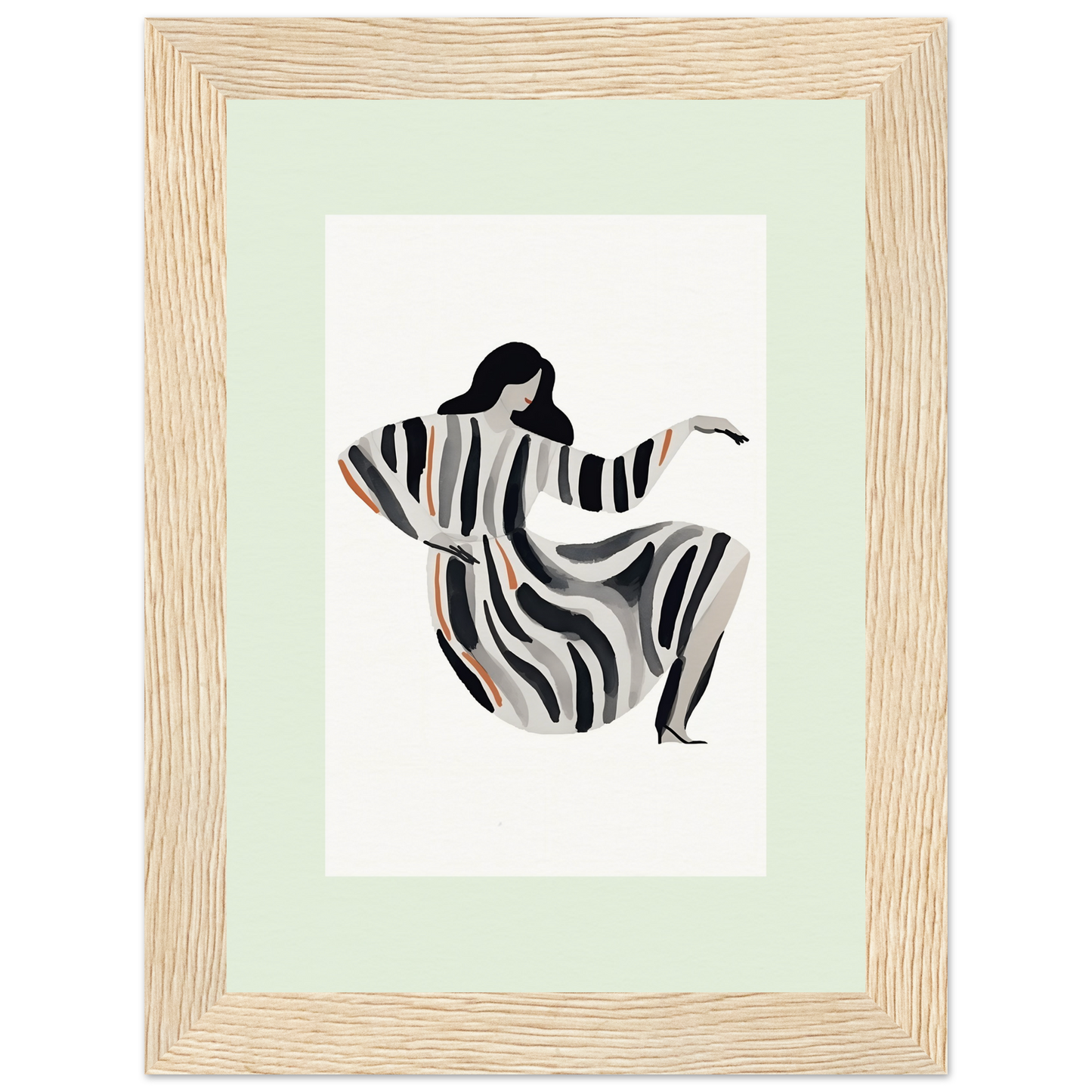 Stylized figure in a flowing striped dress or robe with outstretched arms.