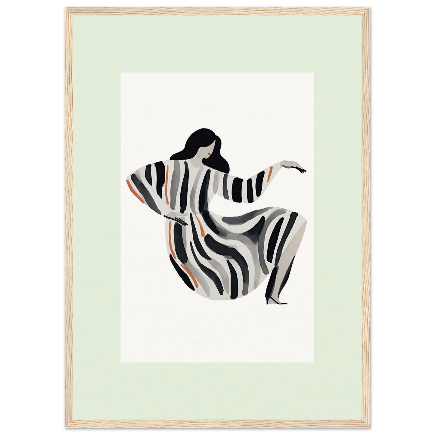 Abstract figure of a person in flowing, striped clothing with outstretched arms.