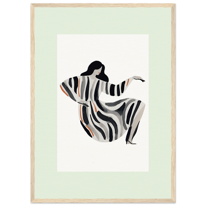 Abstract figure of a person in flowing, striped clothing with outstretched arms.