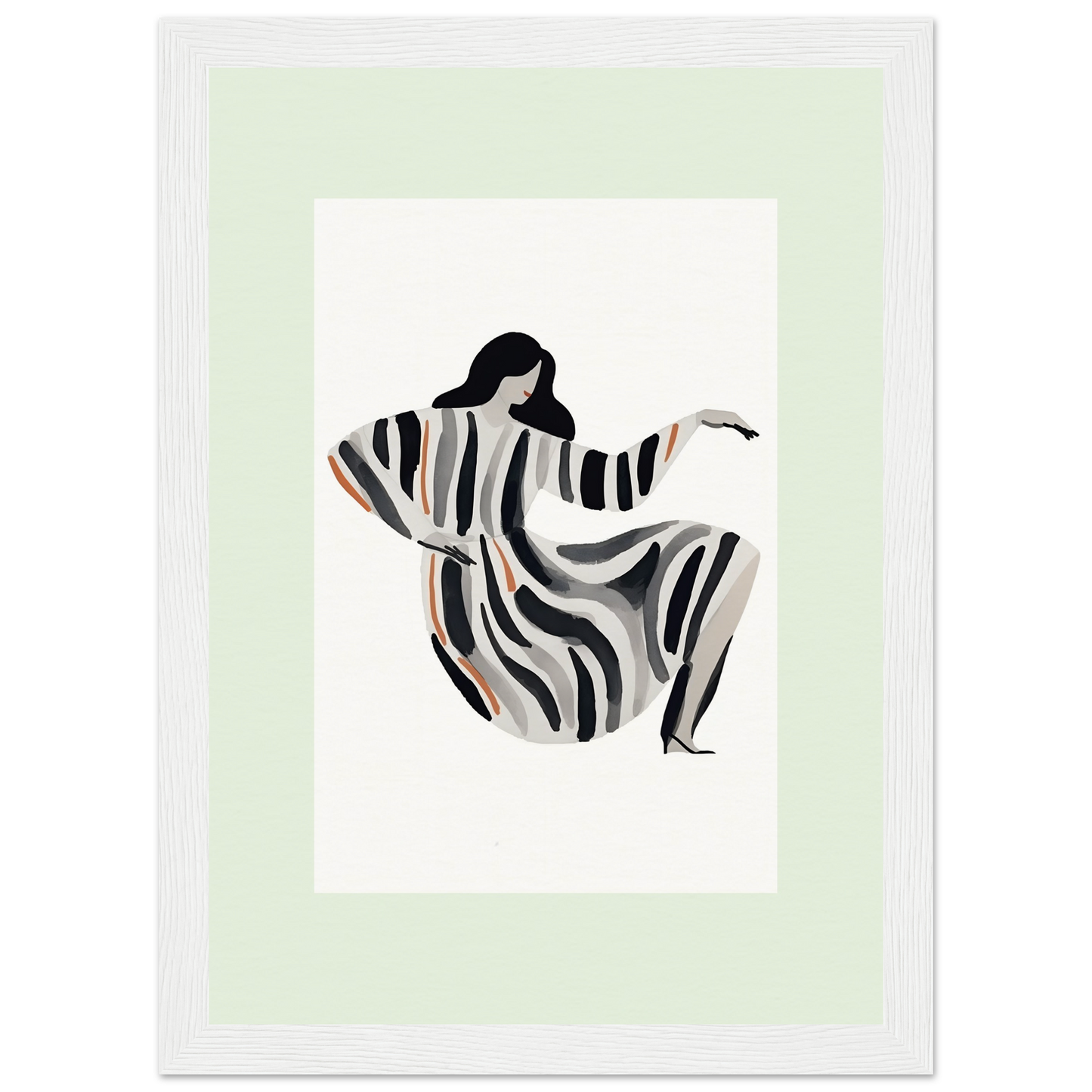 Stylized figure of a woman in a flowing striped dress with outstretched arms.