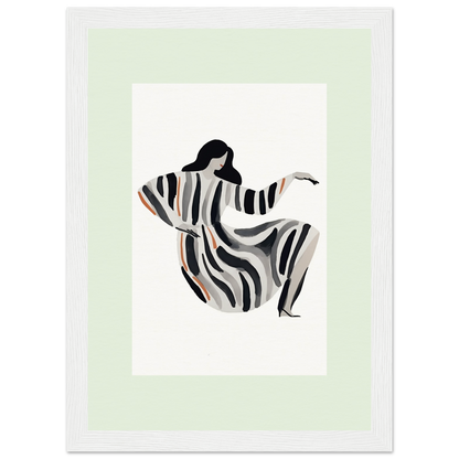 Stylized figure of a woman in a flowing striped dress with outstretched arms.