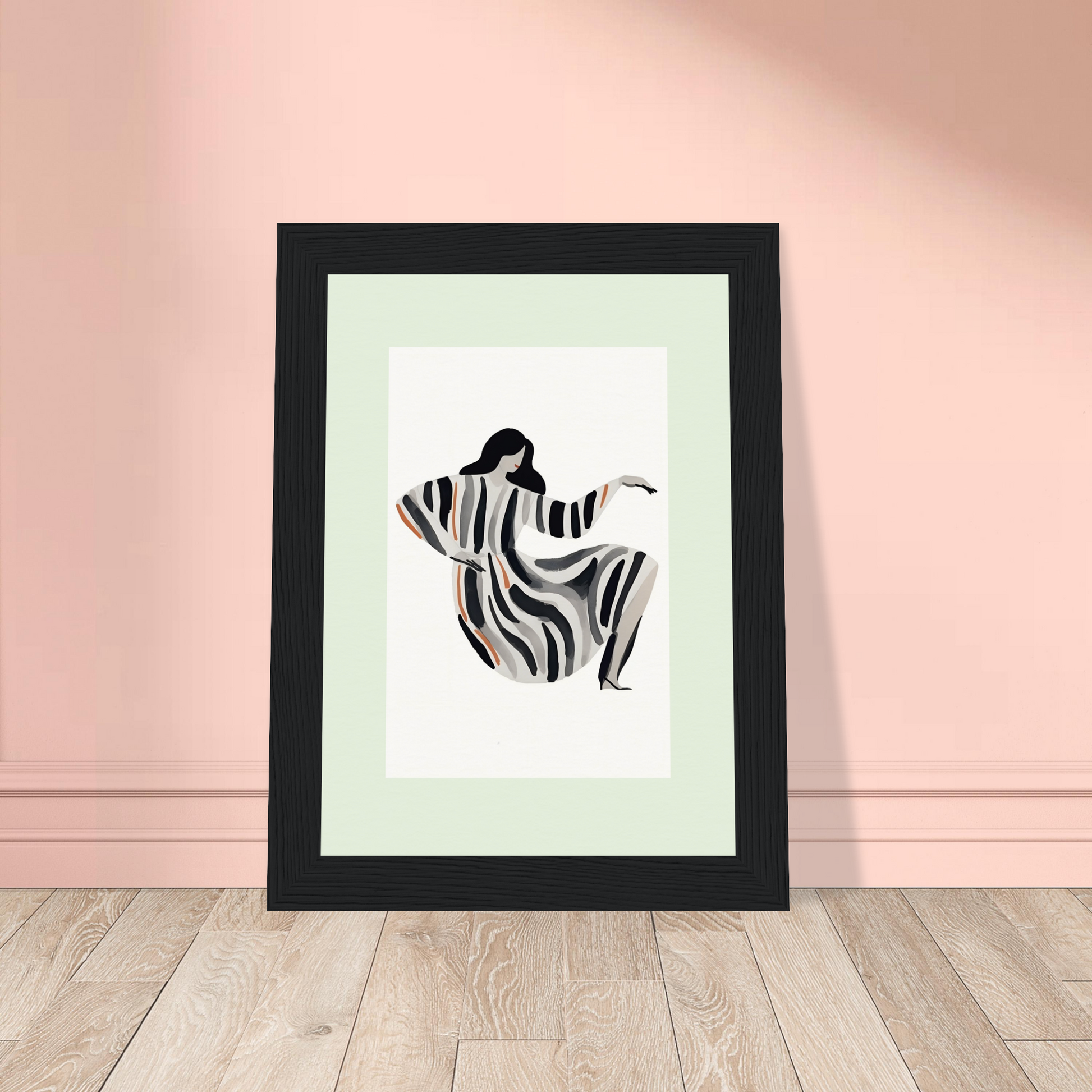 Framed artwork depicting a stylized zebra-striped figure in a seated pose.