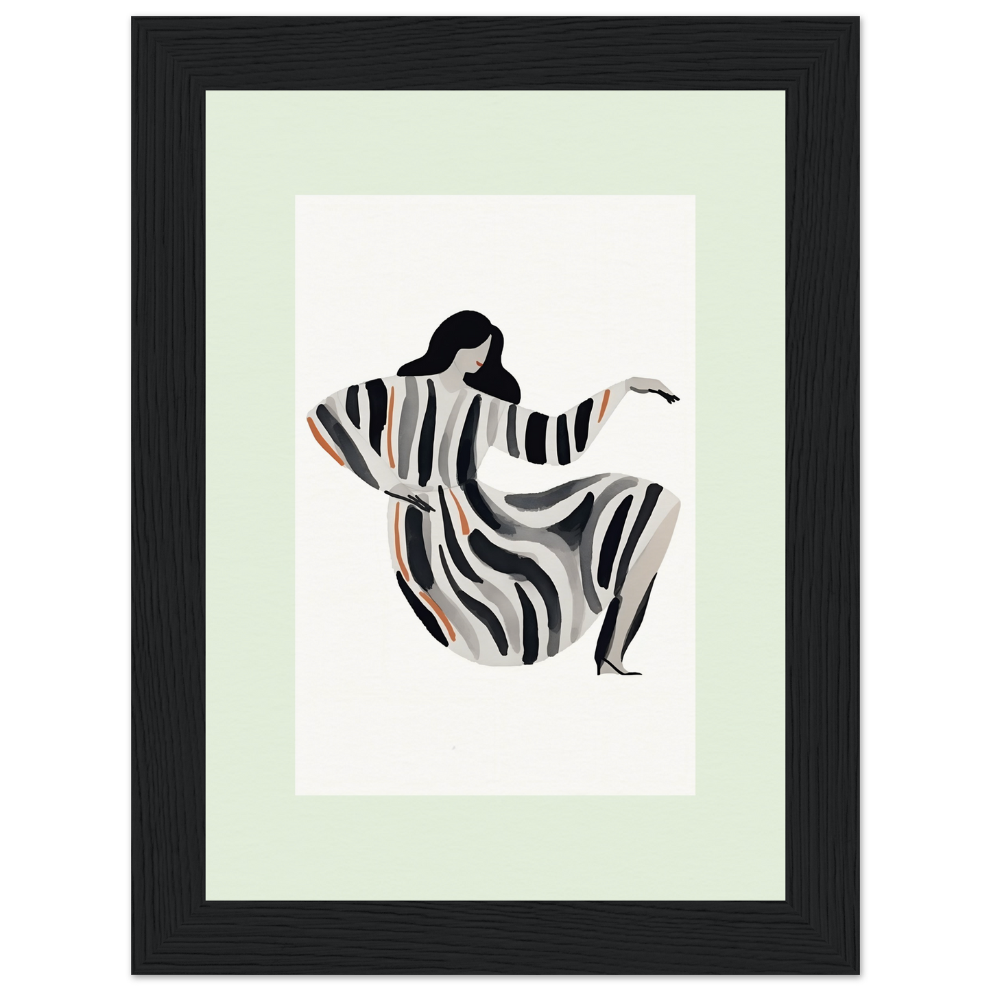 Stylized figure of a person in a flowing striped garment with outstretched arms.