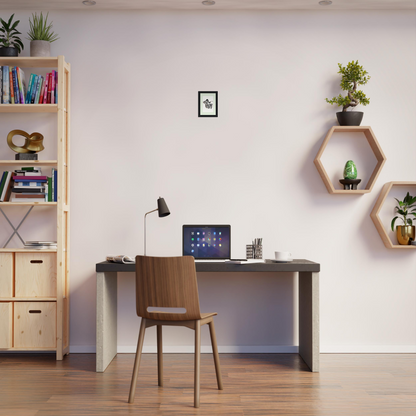 Desk with a laptop, chair, and desk lamp in a home office setup.