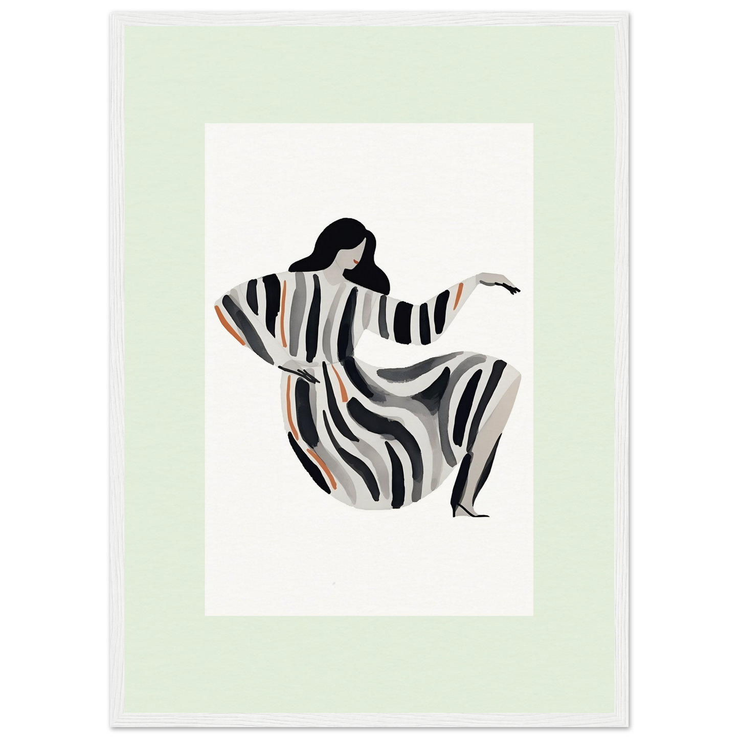 Stylized figure of a person in a flowing striped garment with outstretched arm.