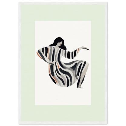 Stylized figure of a person in a flowing striped garment with outstretched arm.