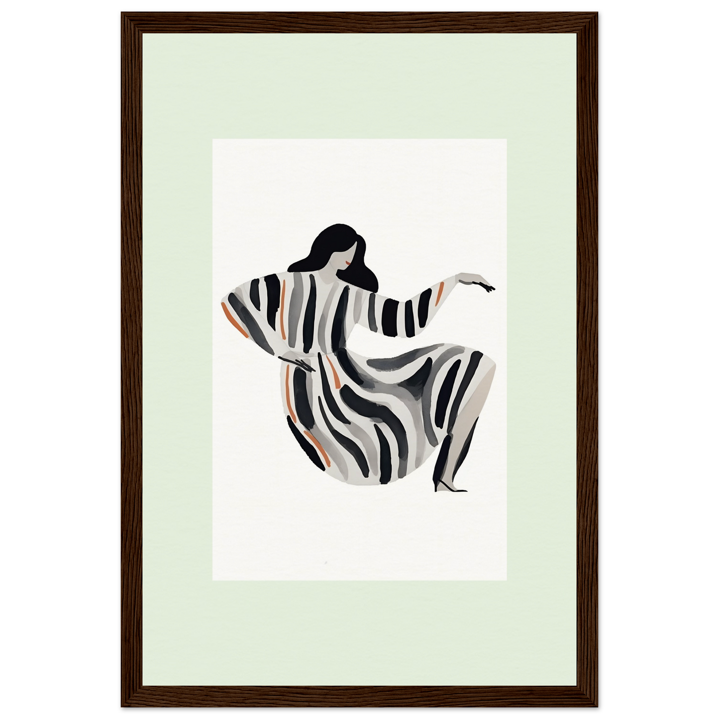 Stylized silhouette of a dancing figure in a flowing striped dress.