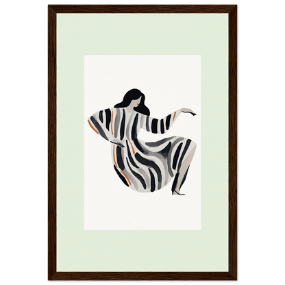 Stylized silhouette of a dancing figure in a flowing striped dress.