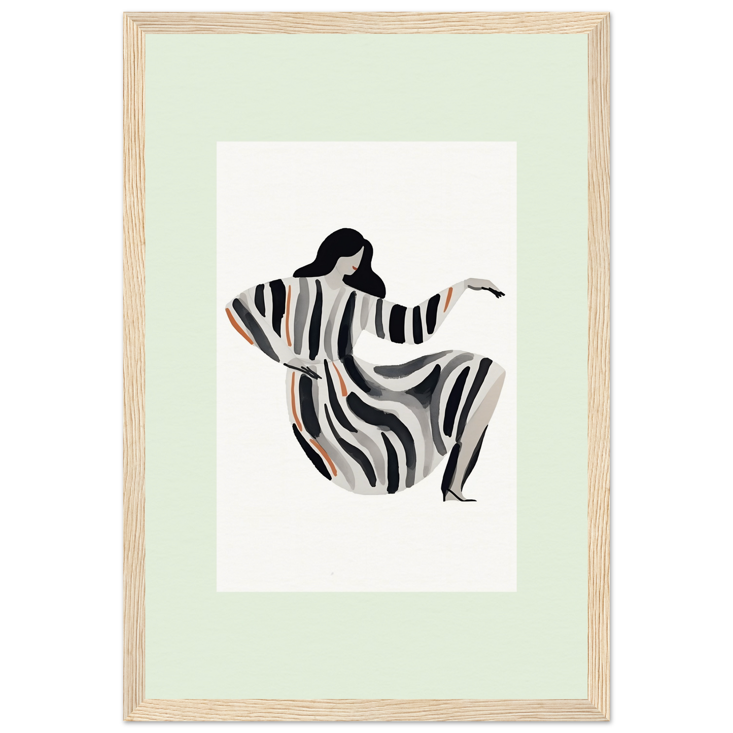 Stylized silhouette of a dancing figure in a flowing striped dress.