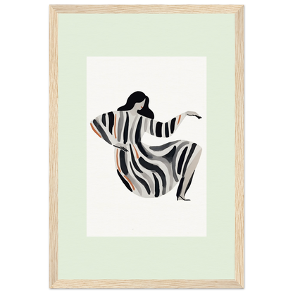 Stylized silhouette of a dancing figure in a flowing striped dress.