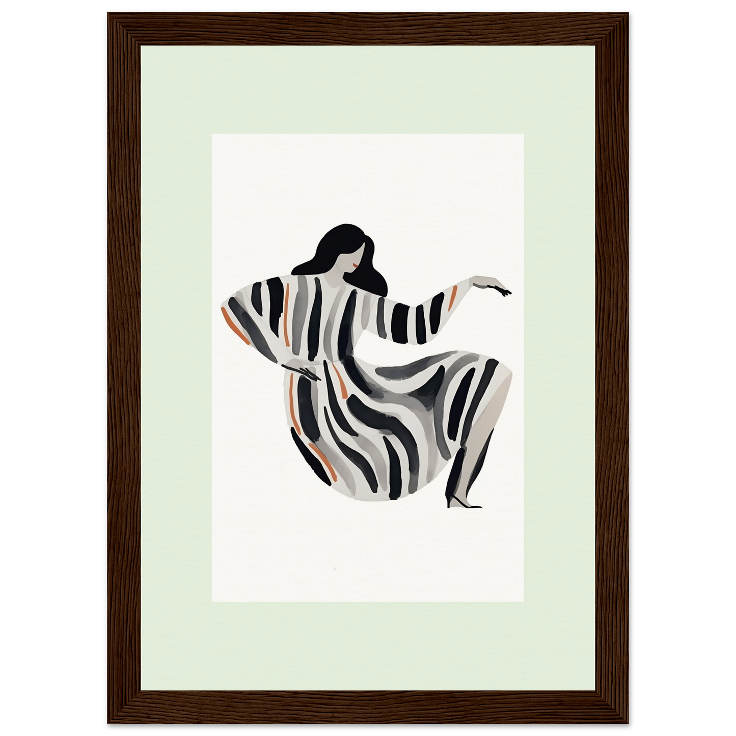 Stylized silhouette of a dancing figure in a flowing striped dress.