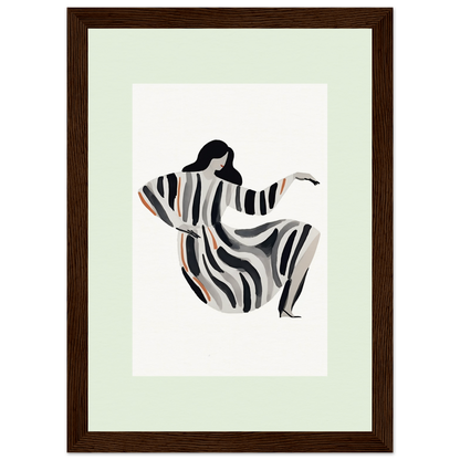 Stylized silhouette of a dancing figure in a flowing striped dress.