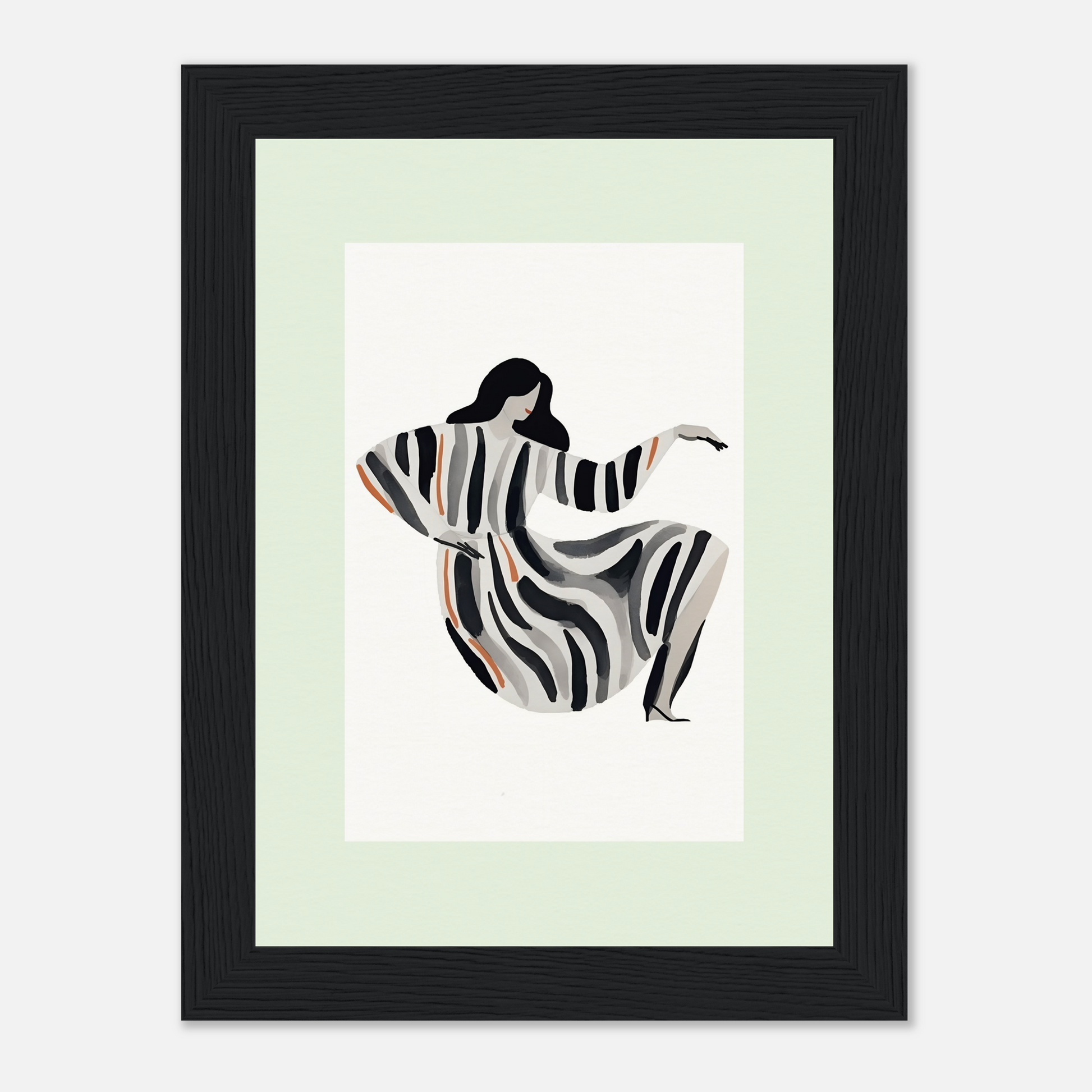 Abstract figure of a person in a flowing, zebra-striped garment.