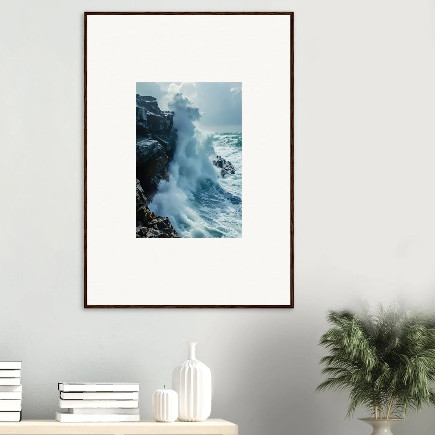 Framed wall art of crashing waves against rocky cliffs for stunning room decor