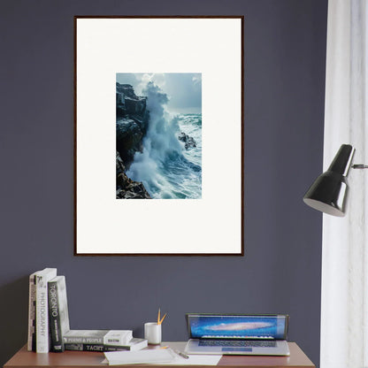 Framed wall art of crashing ocean waves on rocky cliffs, Roaring Horizon Upgrazed