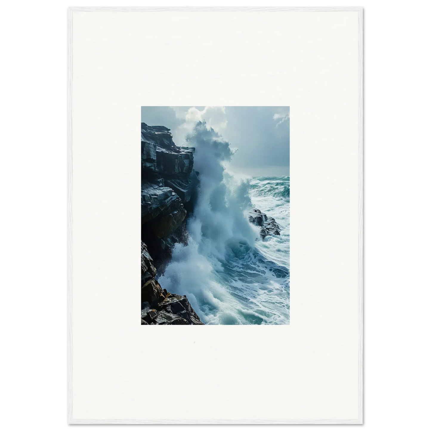 Powerful ocean wave crashing on rocky cliffs; perfect for Horizon Upgrazed room decor