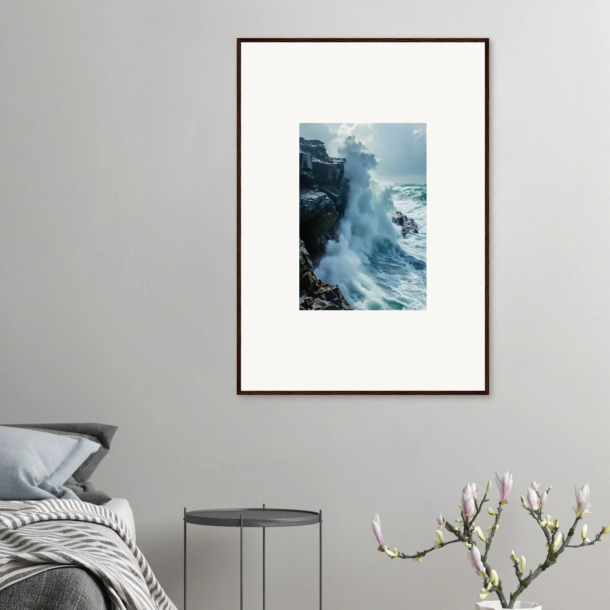 Framed wall art of Roaring Horizon Upgrazed with ocean waves crashing on cliffs