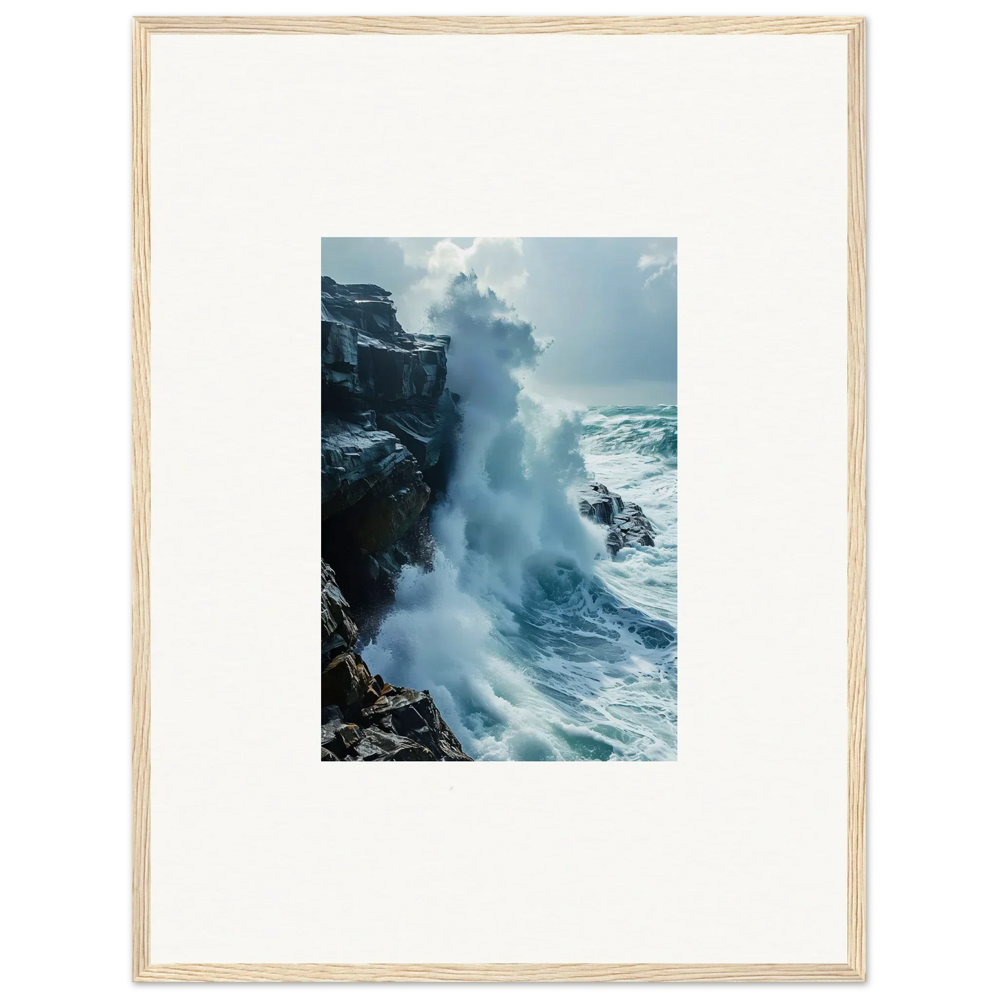 Powerful ocean wave crashing on rocky cliffs in Roaring Horizon Upgrazed framed wall art