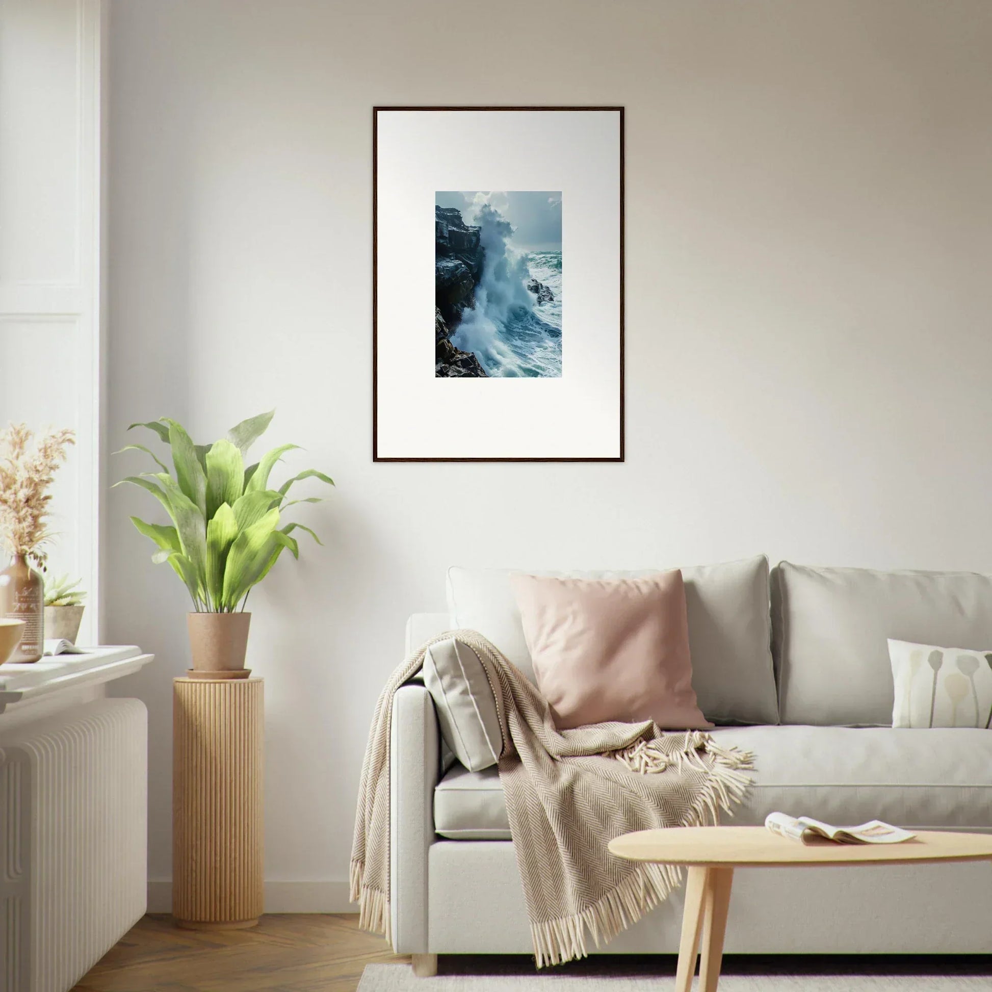 Framed wall art of a misty coastal scene from Horizon Upgrazed for elegant room decor