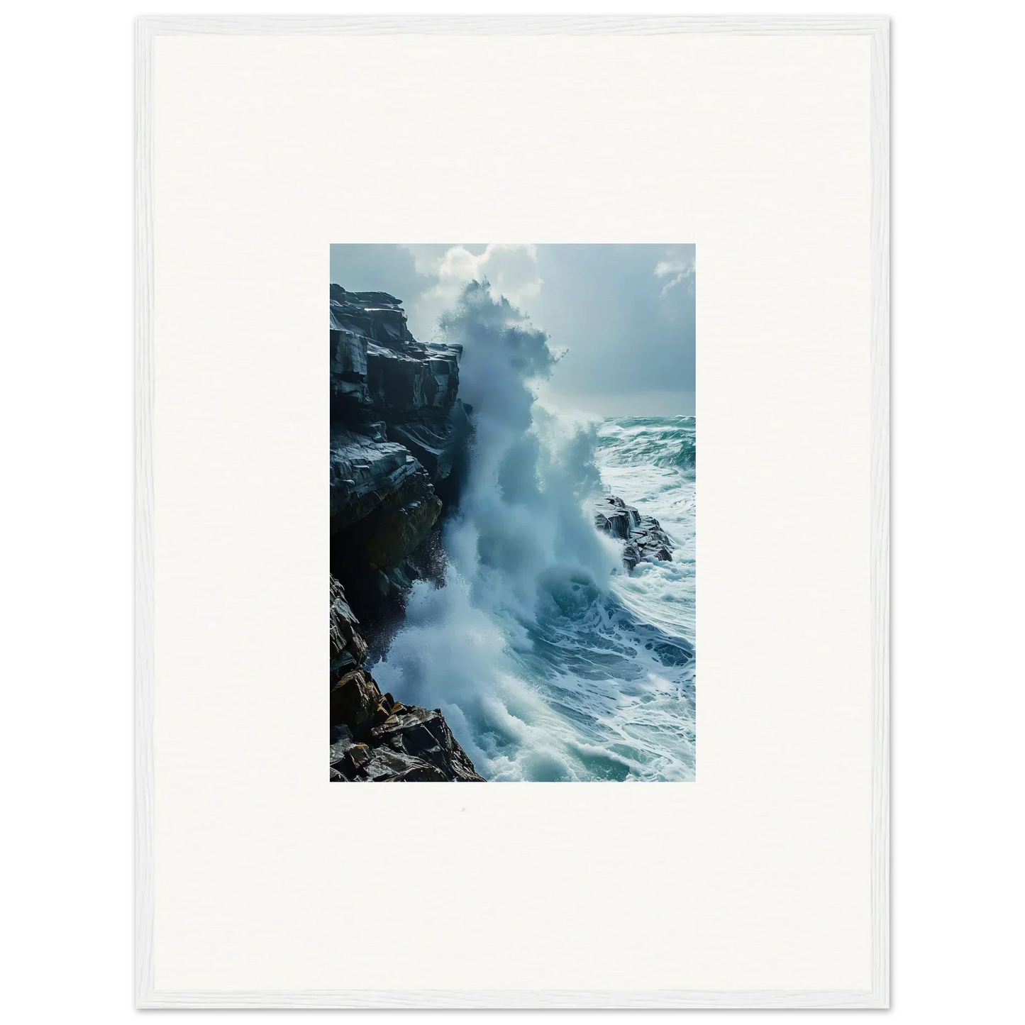 Powerful ocean wave crashing against rocky cliffs in Horizon Upgrazed framed wall art