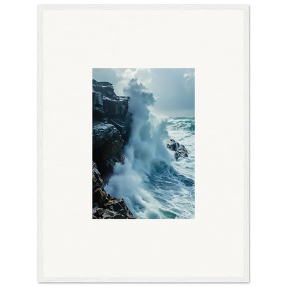 Powerful ocean wave crashing against rocky cliffs in Horizon Upgrazed framed wall art