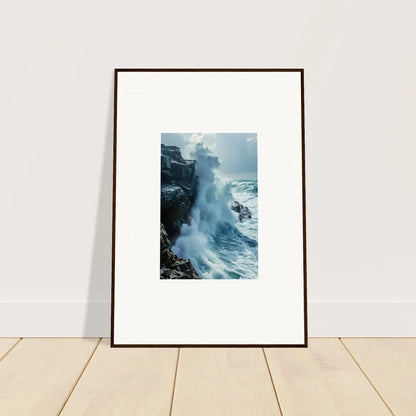 Framed wall art of powerful ocean waves crashing on cliffs for stunning room decor