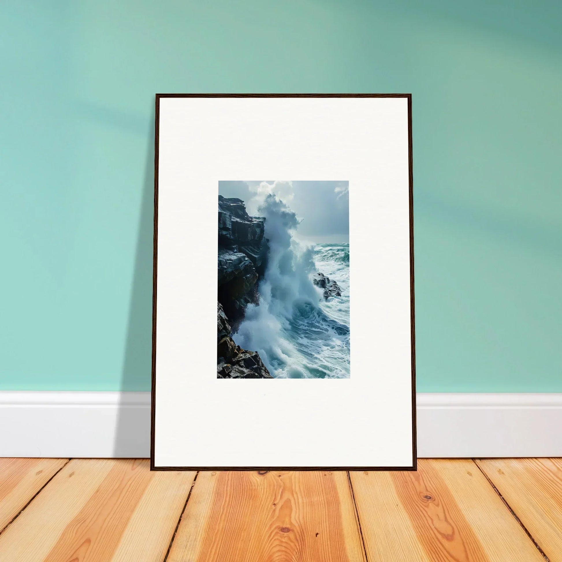 Framed wall art of crashing ocean waves on rocky cliffs for stunning room decor