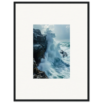 Powerful ocean wave crashing on rocky cliffs in Horizon Upgrazed framed wall art