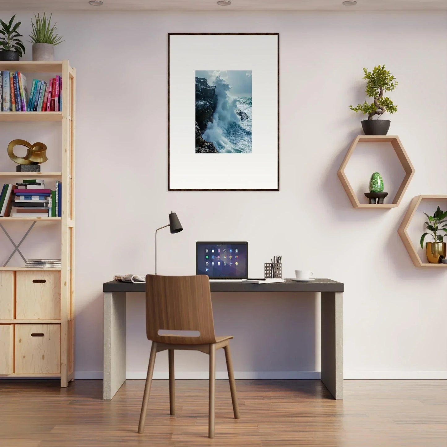 Modern home office workspace featuring Horizon Upgrazed room decor and framed wall art