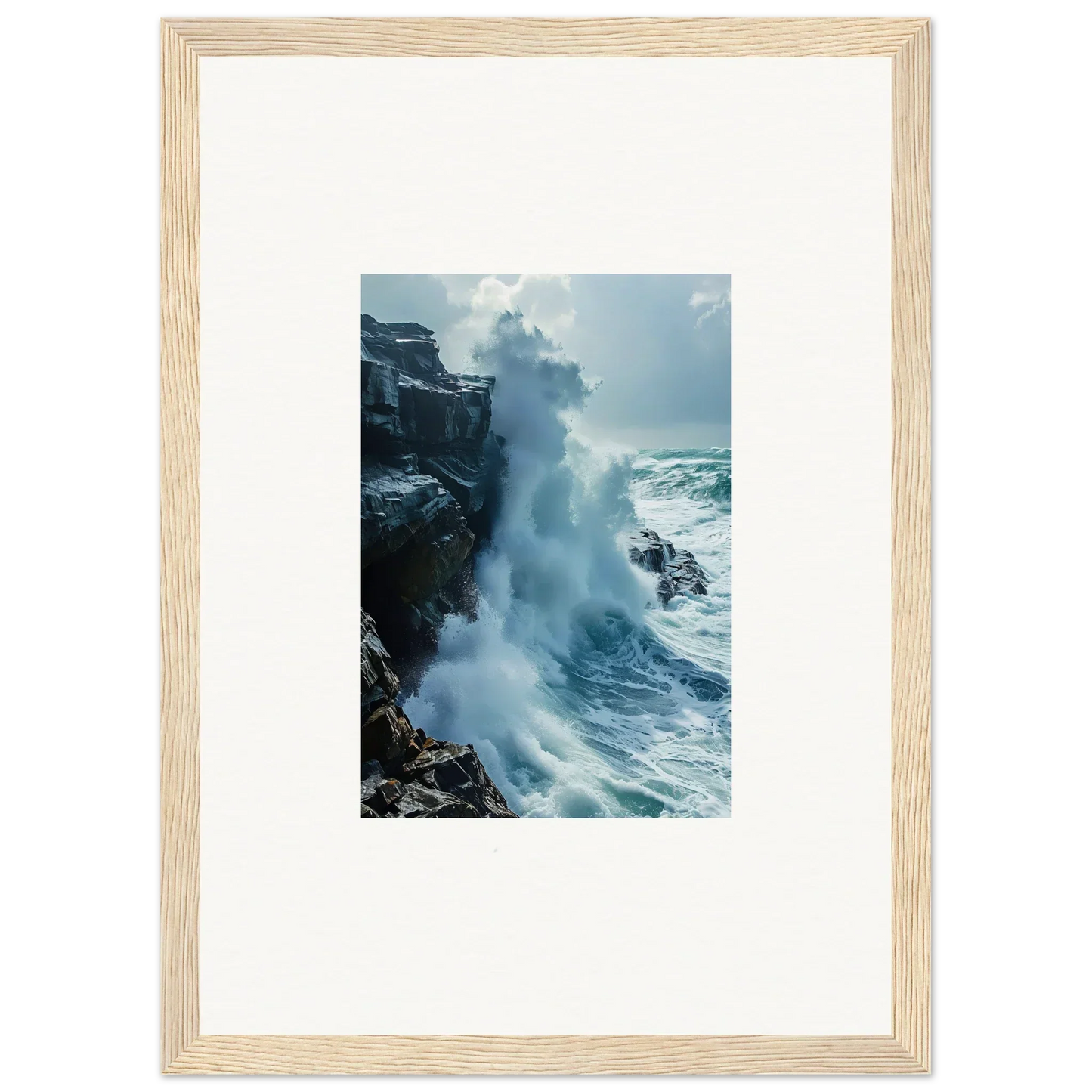 Framed wall art of powerful ocean waves crashing on cliffs for stunning Room Decor