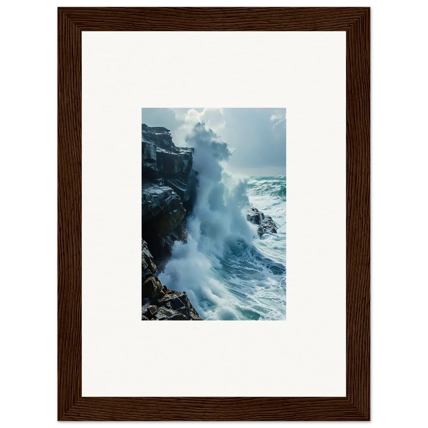 Powerful ocean wave crashing on rocky cliffs in Roaring Horizon Upgrazed wall art