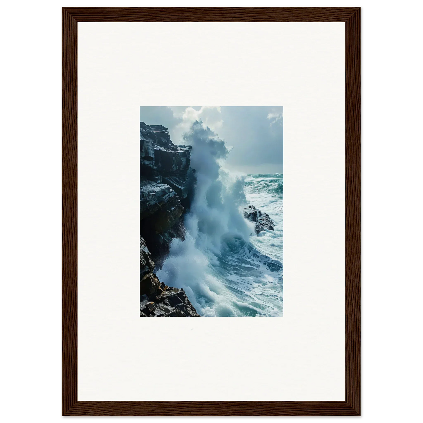 Powerful ocean wave crashing on rocky cliffs in Roaring Horizon Upgrazed wall art