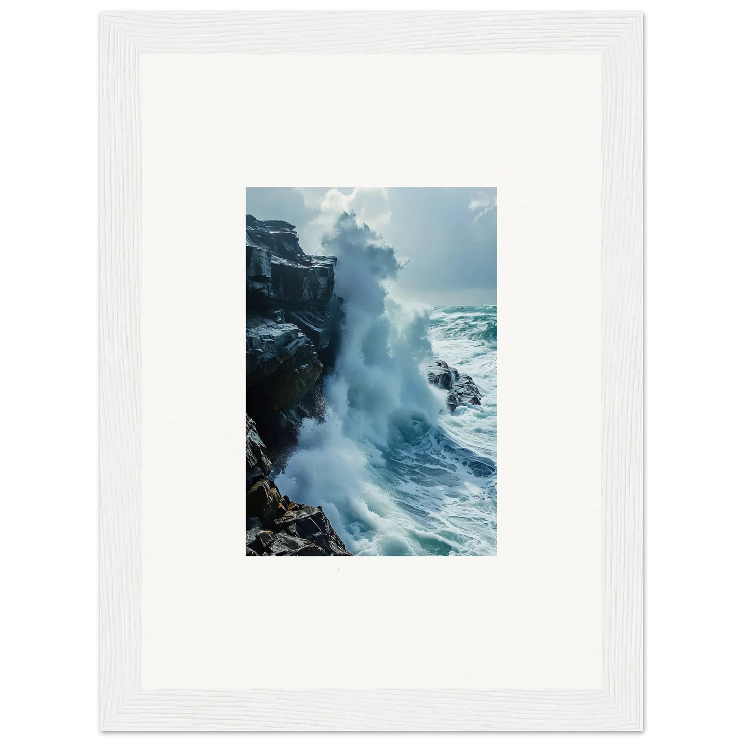 Powerful ocean wave crashing on rocky cliffs in Horizon Upgrazed framed wall art