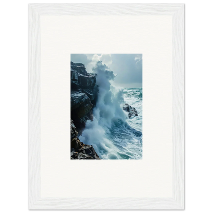 Powerful ocean wave crashing on rocky cliffs in Horizon Upgrazed framed wall art