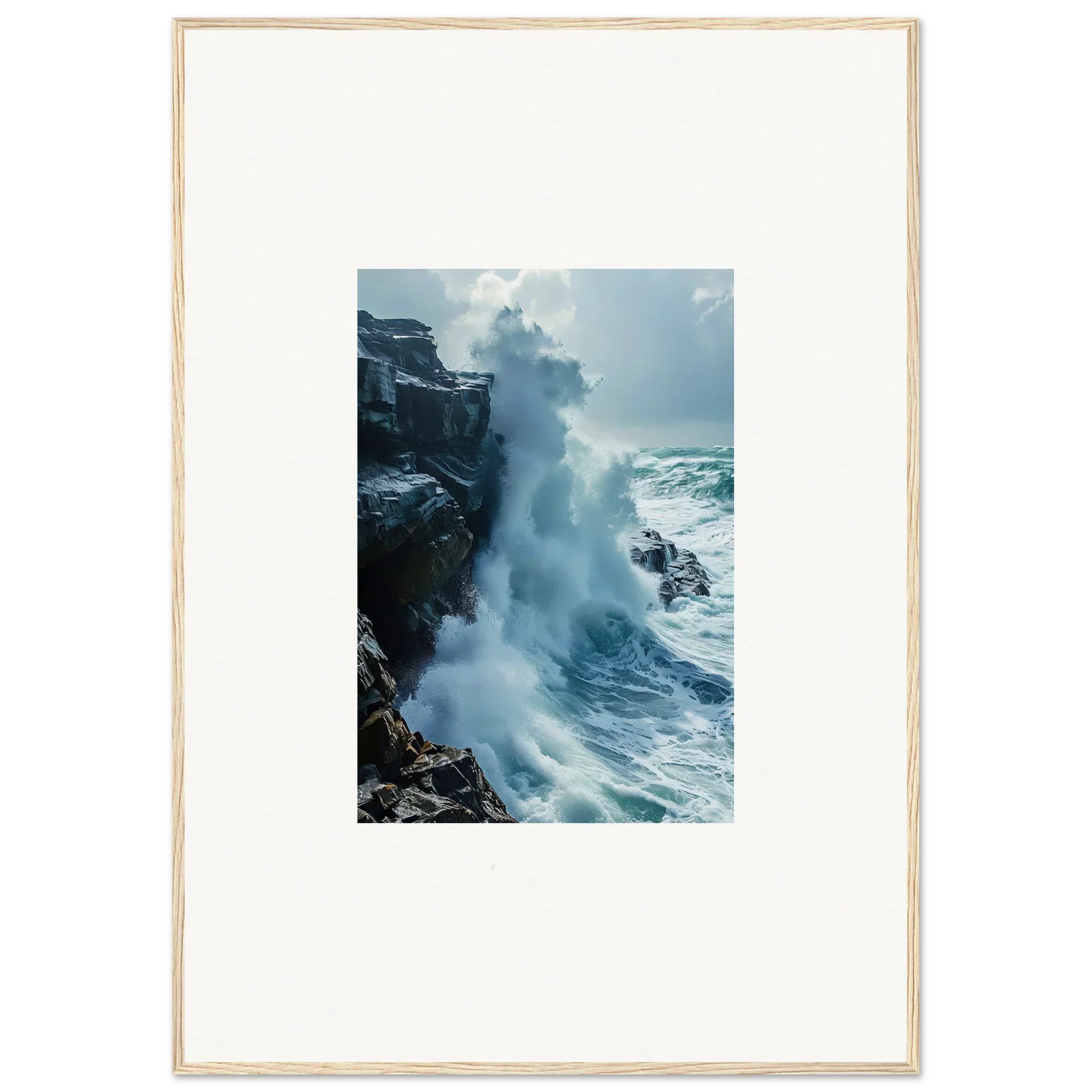 Powerful ocean wave crashing on rocky cliffs in Roaring Horizon Upgrazed framed wall art