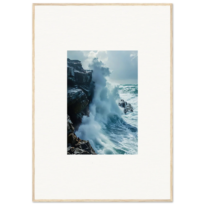 Powerful ocean wave crashing on rocky cliffs in Roaring Horizon Upgrazed framed wall art