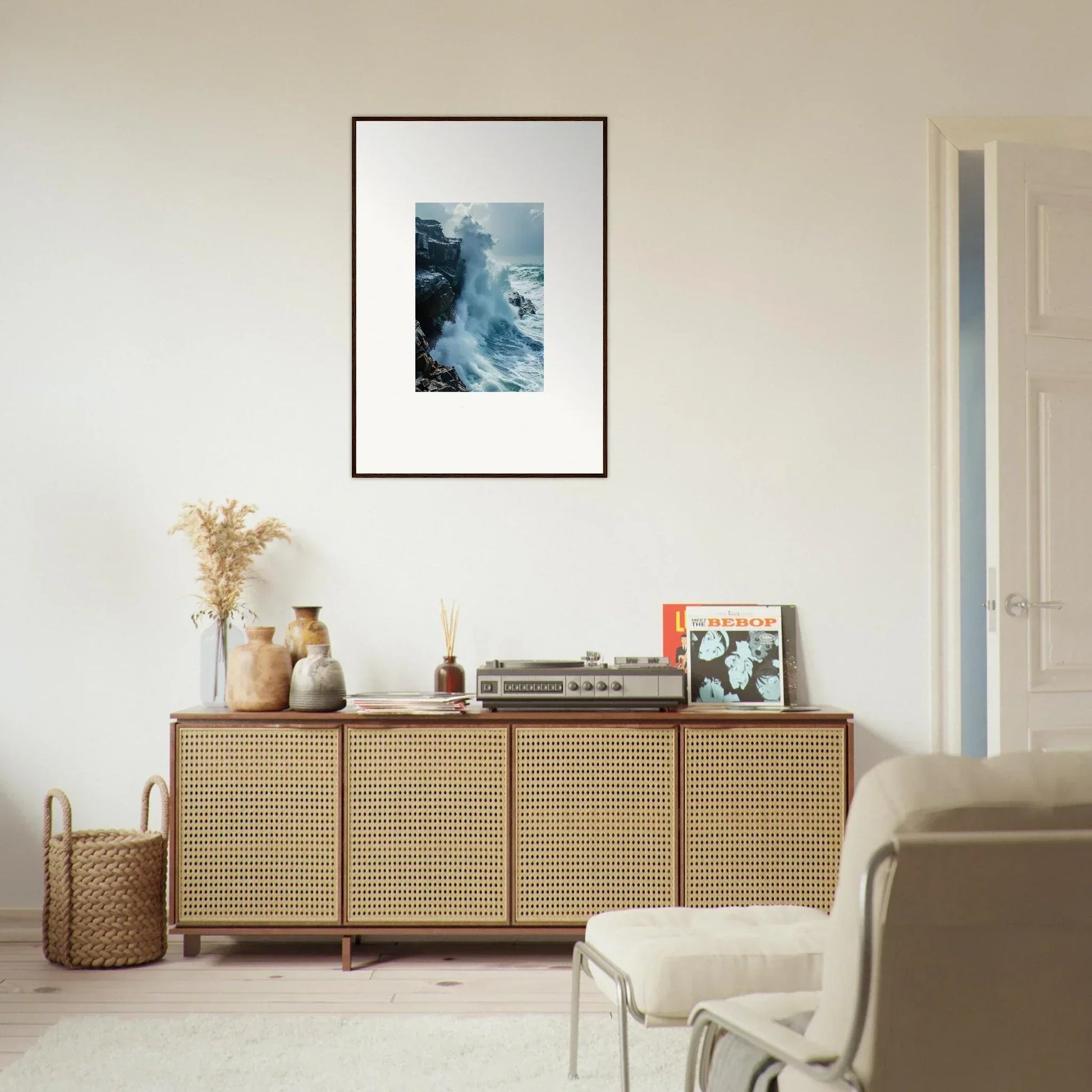 Wooden sideboard with cane-webbed doors, perfect for Room Decor in Horizon Upgrazed