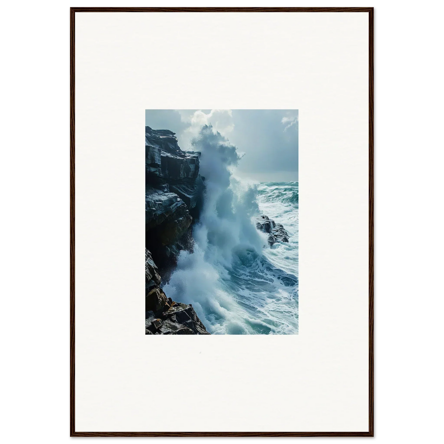 Powerful ocean wave crashing on rocky cliffs, perfect for Horizon Upgrazed framed wall art