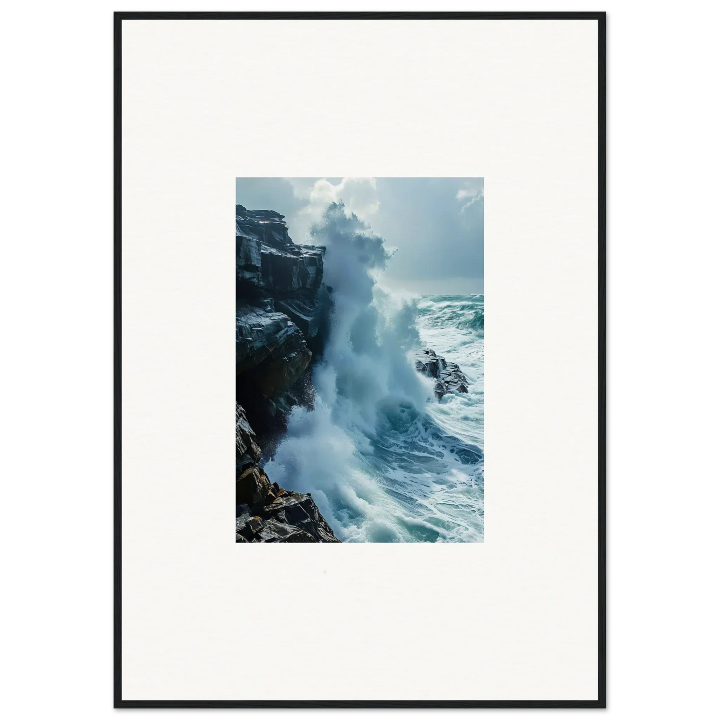 Powerful ocean wave crashing on cliffs, perfect for Horizon Upgrazed framed wall art