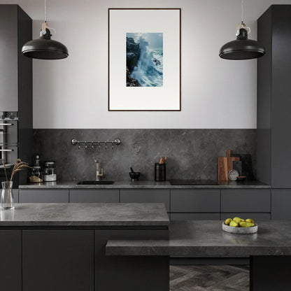 Modern kitchen with dark cabinetry and Roaring Horizon Upgrazed framed wall art