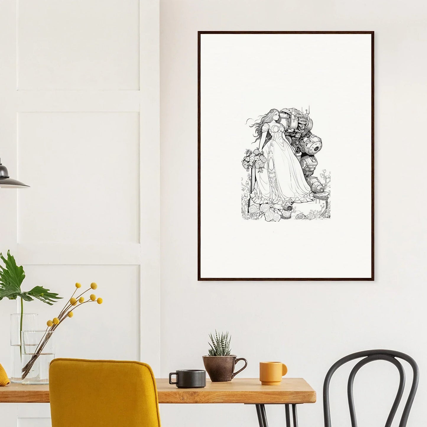 Framed black and white sketch of a bride and groom for stylish room decor