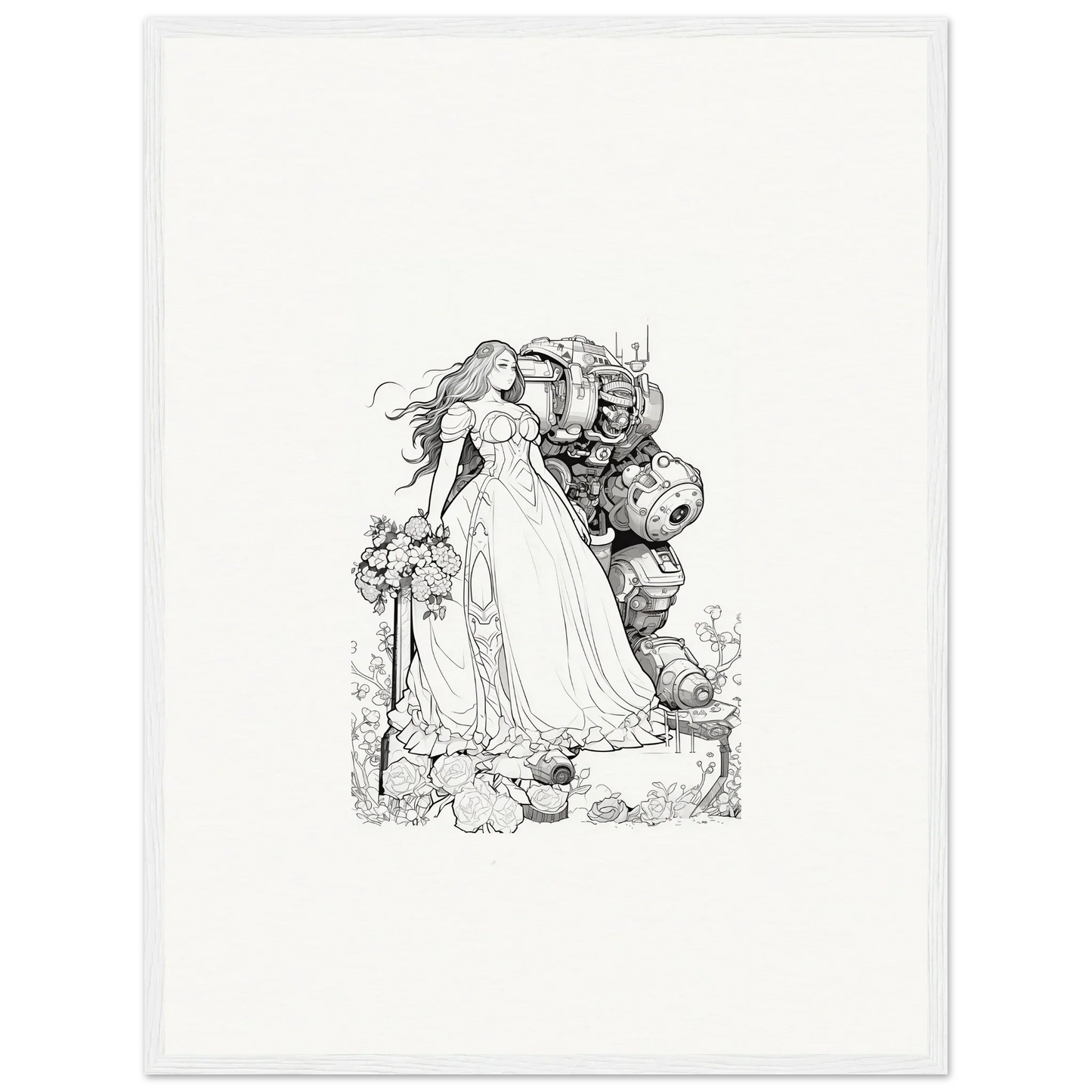 Intricate black and white sketch of a woman in a gown for room decor or canvas prints