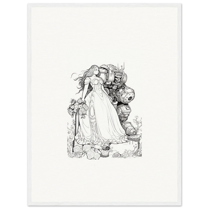 Intricate black and white sketch of a woman in a gown for room decor or canvas prints