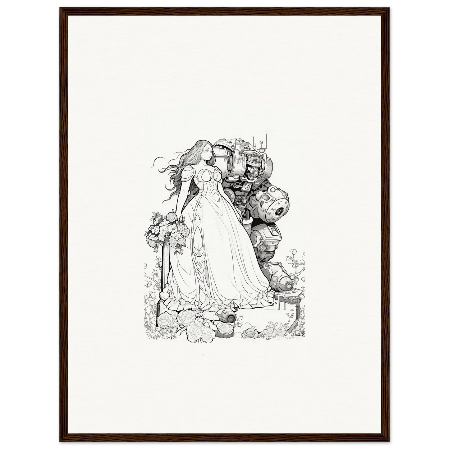 Black and white sketch of a woman in gown with knight, ideal for framed wall art