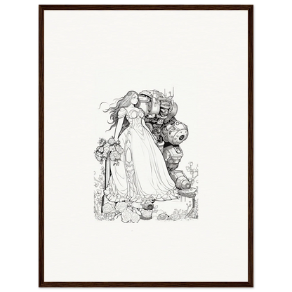 Black and white sketch of a woman in gown with knight, ideal for framed wall art